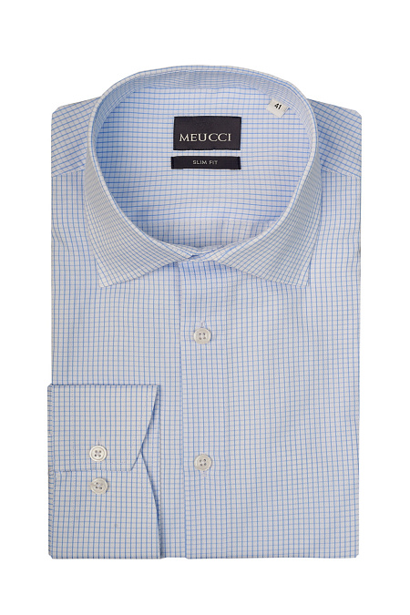 Модная мужская рубашка в бело-голубую клетку  арт. SL 9020 RL 0291 CEL/231118 от Meucci (Италия) - фото. Цвет: Белый в голубую клетку.
