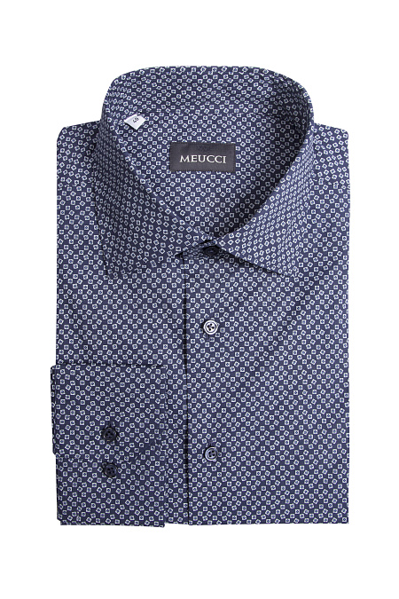 Модная мужская рубашка хлопковая синяя с орнаментом  арт. SL 902022 RL 91AG/302204 от Meucci (Италия) - фото. Цвет: Темно-синий с орнаментом.
