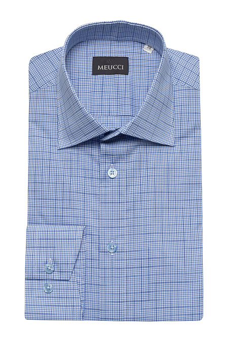 Модная мужская рубашка в клетку с длинным рукавом арт. SL 9020 RL CEL 0291/182069 от Meucci (Италия) - фото. Цвет: Белый, синяя клетка. Купить в интернет-магазине https://shop.meucci.ru


